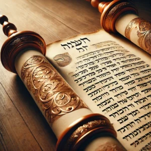 A detailed image of a Torah scroll, unrolled and laid out on a wooden table