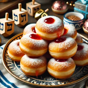 traditional Hanukkah donuts, also known as sufganiyot, arranged on a decorative plate