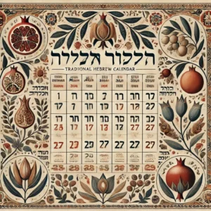 traditional Hebrew calendar, showing the names of the Hebrew months with decorative elements inspired by Jewish art, such as pome