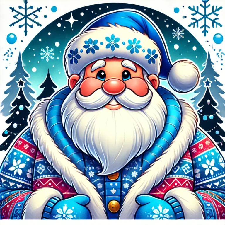 A cheerful cartoon illustration of Santa Claus wearing a blue and white outfit instead of the traditional red