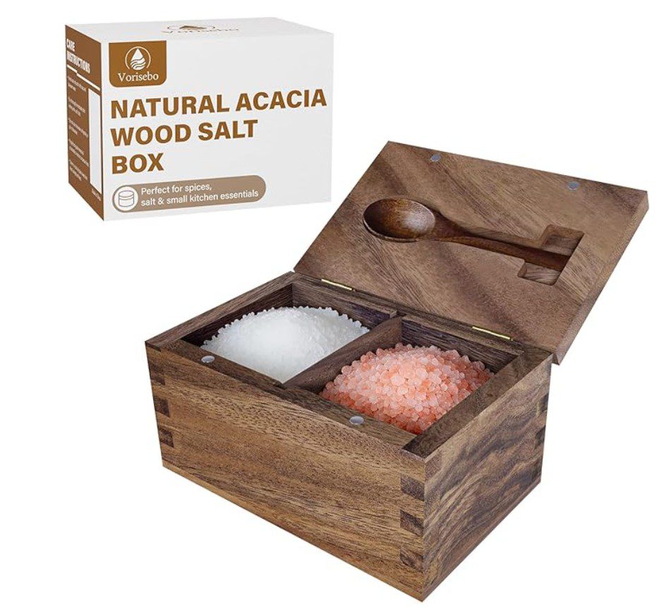 Acacia Wood Salt Container — natural wood kosher salt cellar for kitchen counter