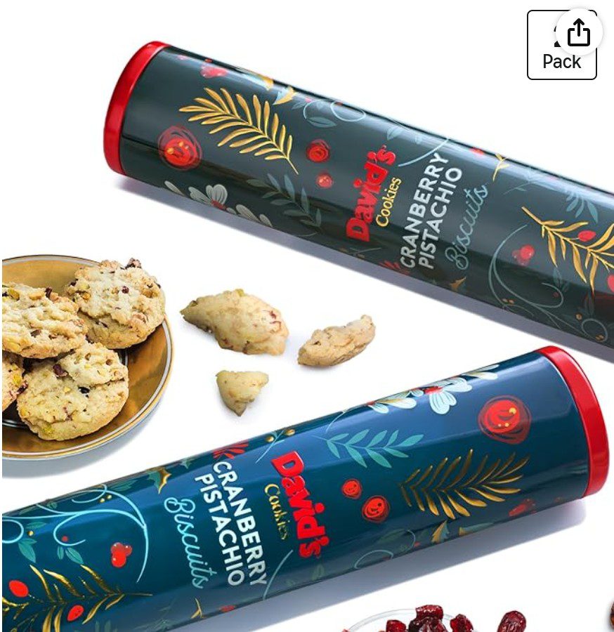 David's Cookies Cranberry Pistachio Biscuits Gift Tube — kosher gourmet bakery gift