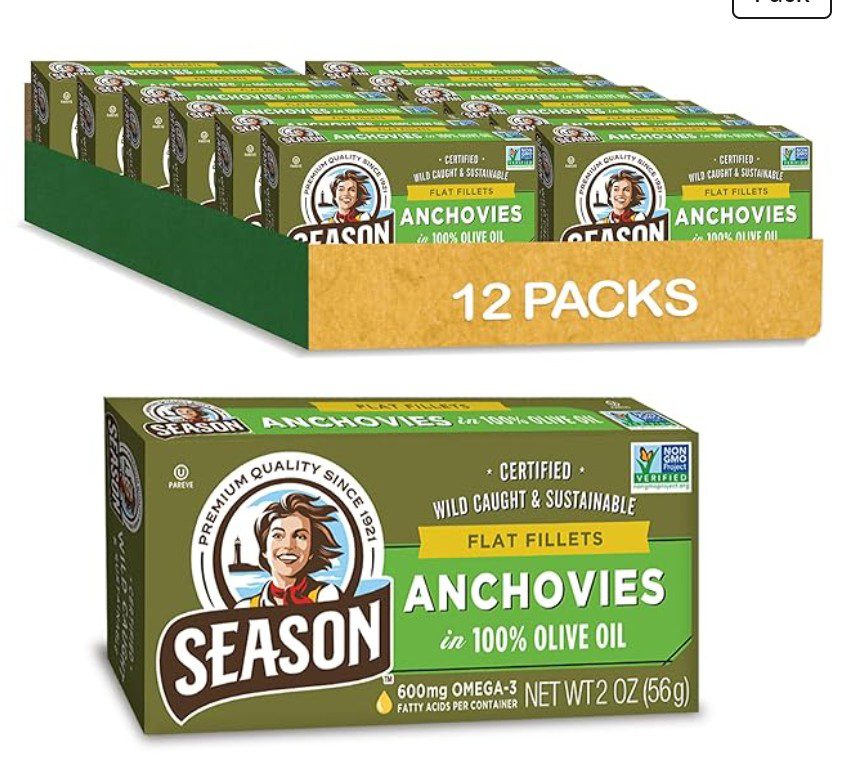 Season Anchovies in Olive Oil — kosher anchovies on Amazon