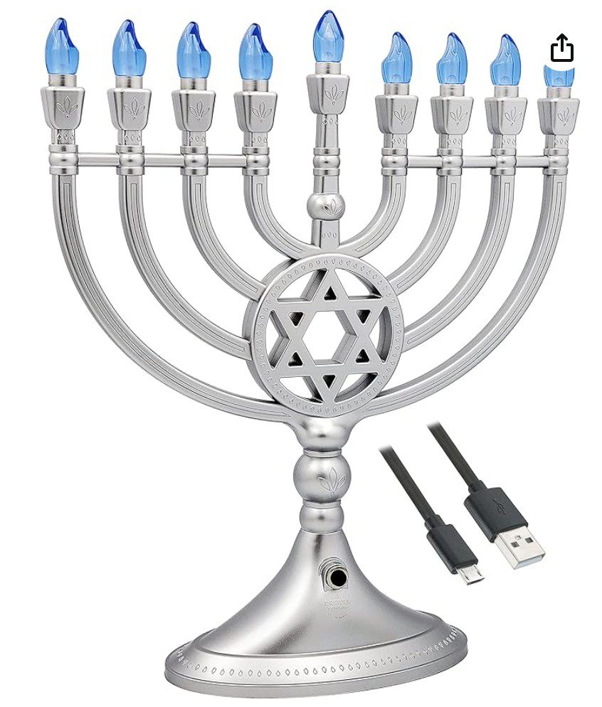 The Dreidel Co Silver Electric Menorah — flame-free Hanukkah candle holder