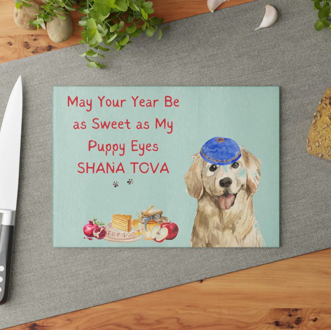 Rosh Hashanah Glass Cutting Board for Pet Lovers — The Kosher Hub Etsy shop