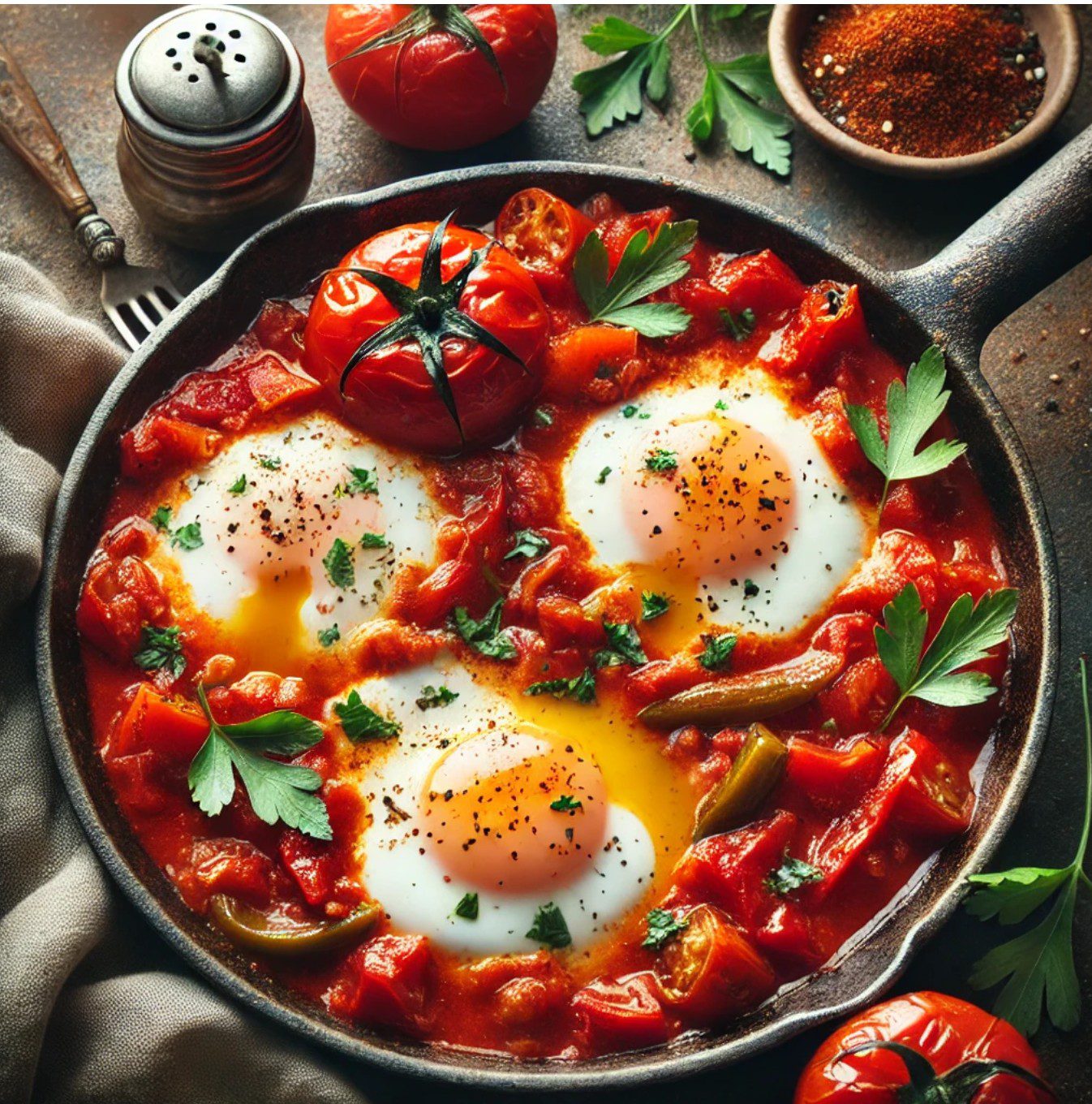 Shakshuka poached eggs in tomato and pepper sauce — kosher Sukkot breakfast