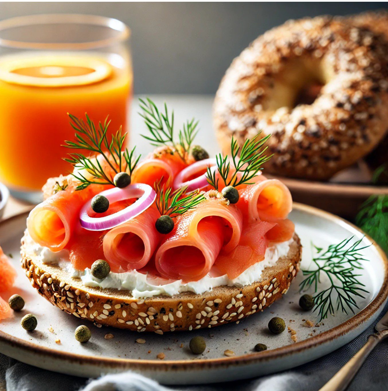 Kosher bagel with cream cheese and smoked salmon — Sukkot food breakfast