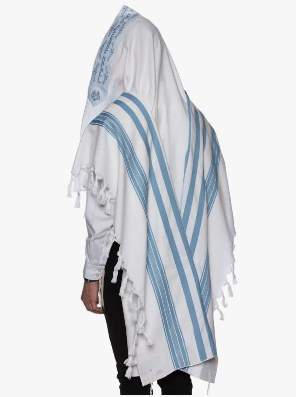 Holy Voice Light Blue Striped Wool Tallit — prayer shawl for Rosh Hashanah