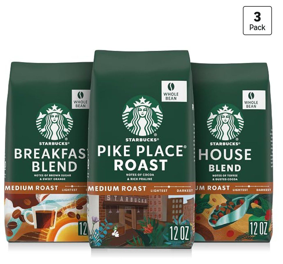 Starbucks Medium Roast Whole Bean Coffee, 3-blend variety — kosher for Passover coffee