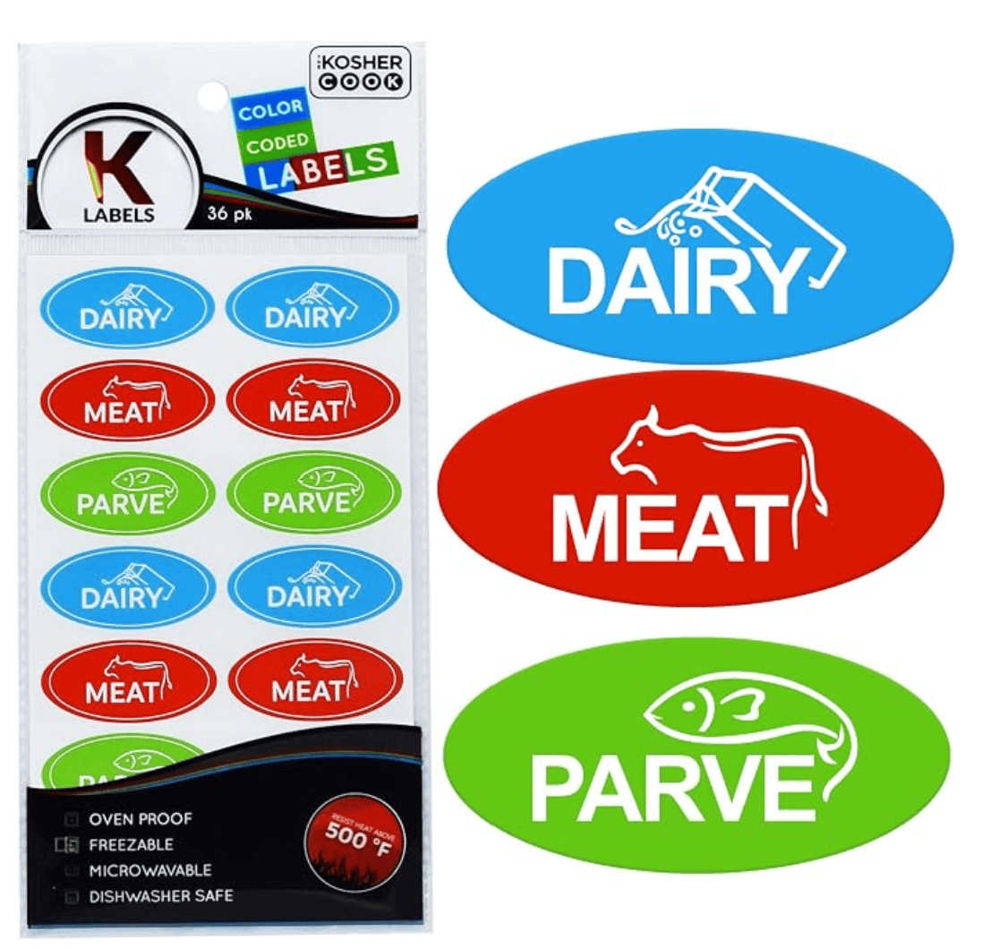 The Kosher Cook kosher kitchen stickers — kosher kitchen meat dairy pareve labels