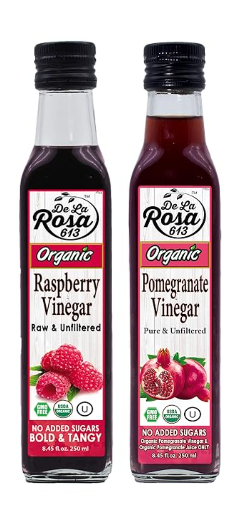 De La Rosa Organic Pure Pomegranate Raspberry Vinegar — kosher fruit vinegar for dressings