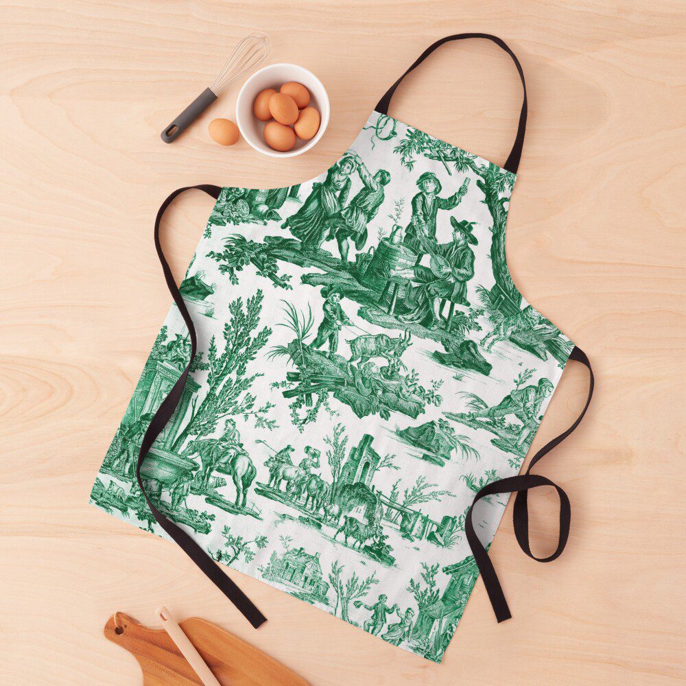 Green toile de jouy apron for pareve cooking— The Kosher Hub Redbubble shop