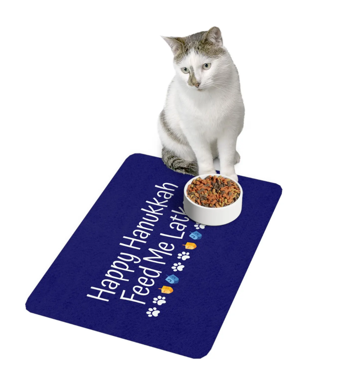Happy Hanukkah Feed Me Latkes Pet Mat — Hanukkah pet gift design from The Kosher Hub Etsy shop
