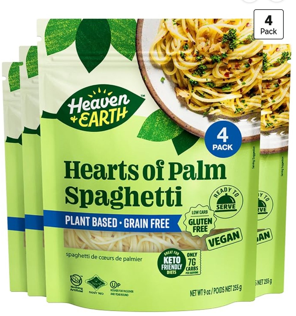 Heaven and Earth Hearts of Palm Spaghetti Noodles — kosher vegan noodles on Amazon
