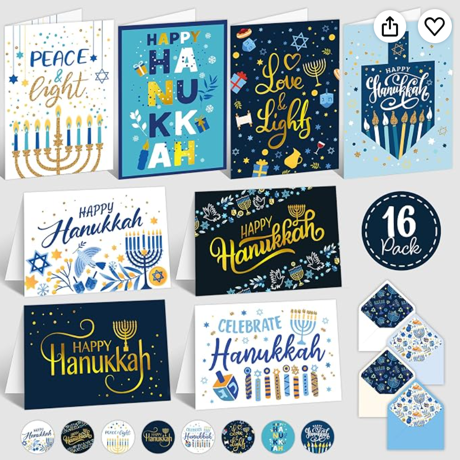 16-Pack Gold Foil Glittery 5x7 Hanukkah Cards — Hanukkah cards on Amazon