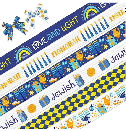 6PCS Hanukkah Grosgrain Ribbons with Icons — Hanukkah grosgrain ribbon for gifts