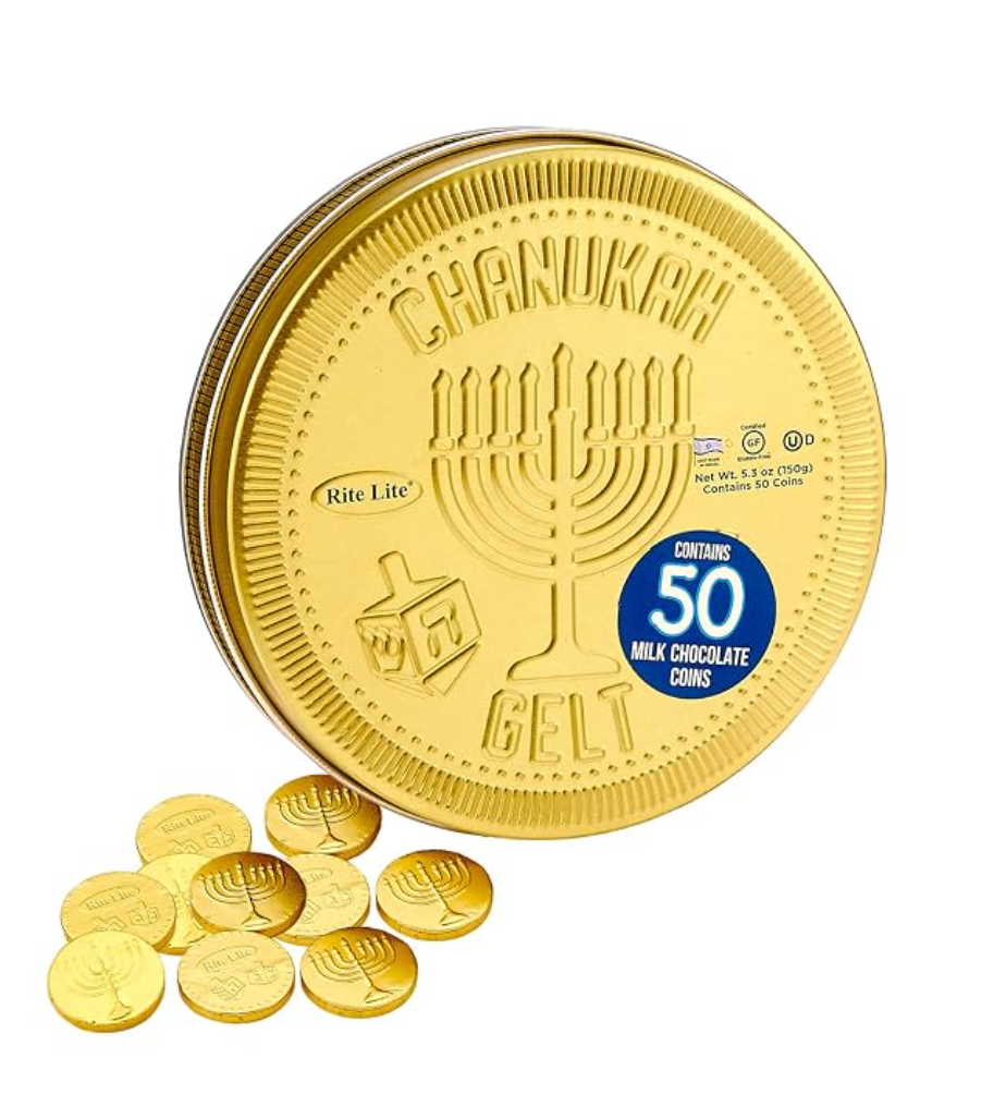 Hanukkah Chocolate Gelt Gold Collectible Tin by Rite Lite — kosher chocolate gelt gift for Hanukkah