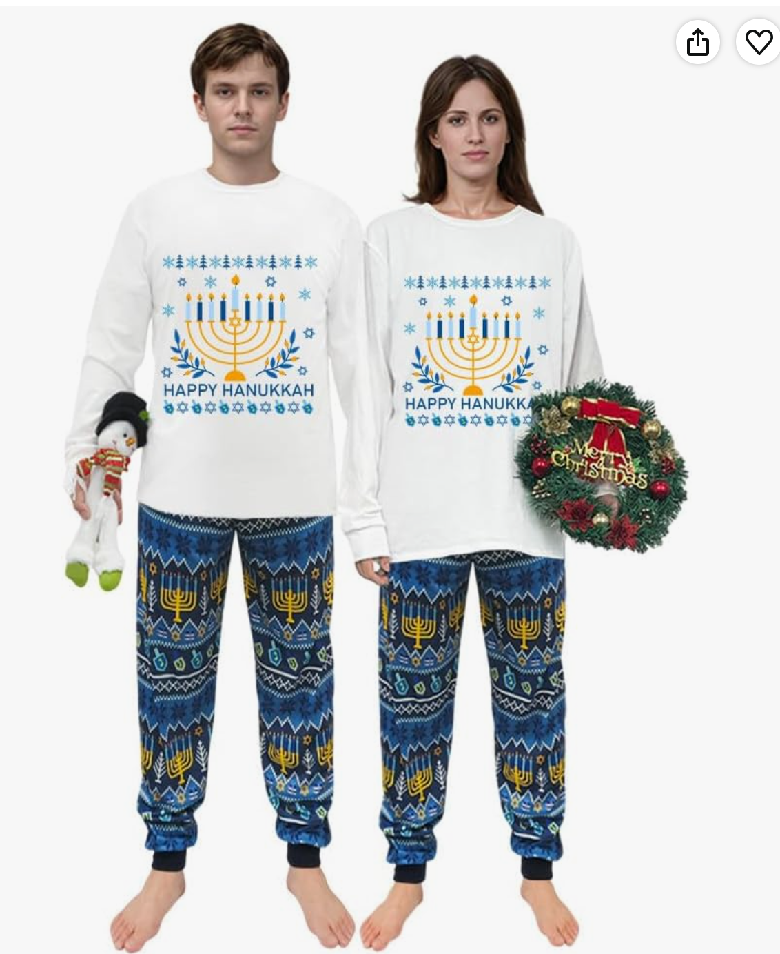 Golden Menorah Matching Hanukkah Pajama Set — white top with gold and blue pants