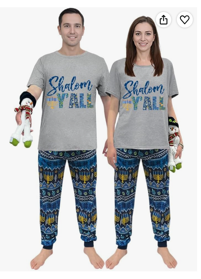 Shalom Y'all Menorah Hanukkah Pajama Set — gray tee with menorah-print pants