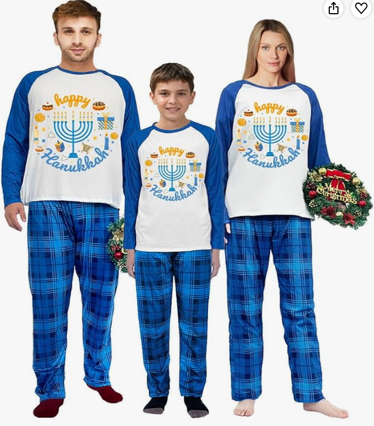 Menorah Blue Plaid Matching Hanukkah Pajamas — family Hanukkah pajama set