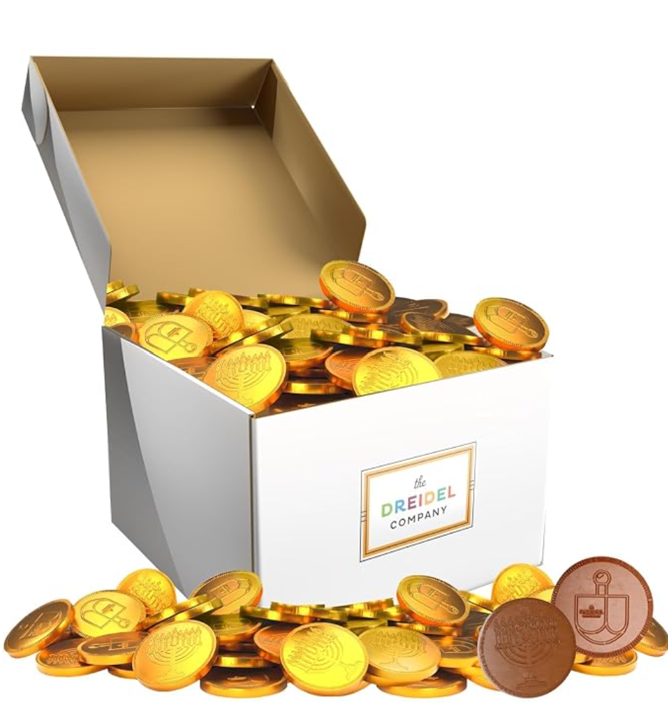 Kosher dairy Chanukah gelt white gift box — kosher chocolate coins for Hanukkah