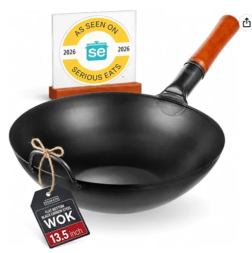 YOSUKATA 13.5 inch Pre-Seasoned Flat Bottom Black Carbon Steel Wok for stir fry